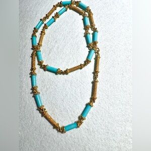 Gold tone Glass turquoise-colored bead necklace for the look and low price 24”